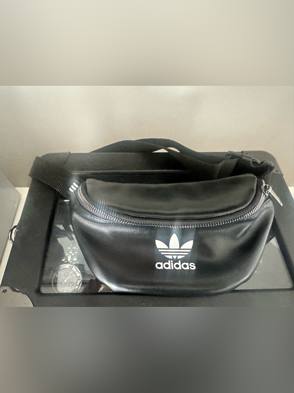 adidas Black Faux-Leather Belt Bag with White Trefoil Logo